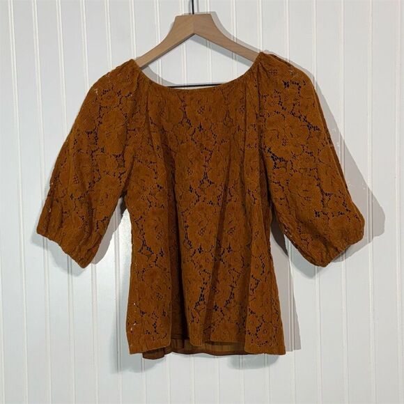 Dolan  Burnt Orange Puff Sleeve Lace Top Small Corded Floral Boho Romantic Fall - Picture 1 of 8